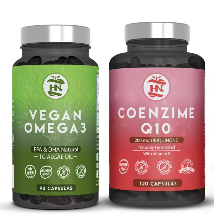 HN - Healthy Nutrition - Pack Omega 3 Vegano & Coenzima Q10  - Omega 3 Vegano de Algas (90 Caps, 45 días) Omega 3 Aceite de Algas equilibrado con DHA y EPA, Ideal para Cerebro y Corazón - Coenzima Q10 200mg mejora la Energía y Salud Cardiovascular (120) - 1
