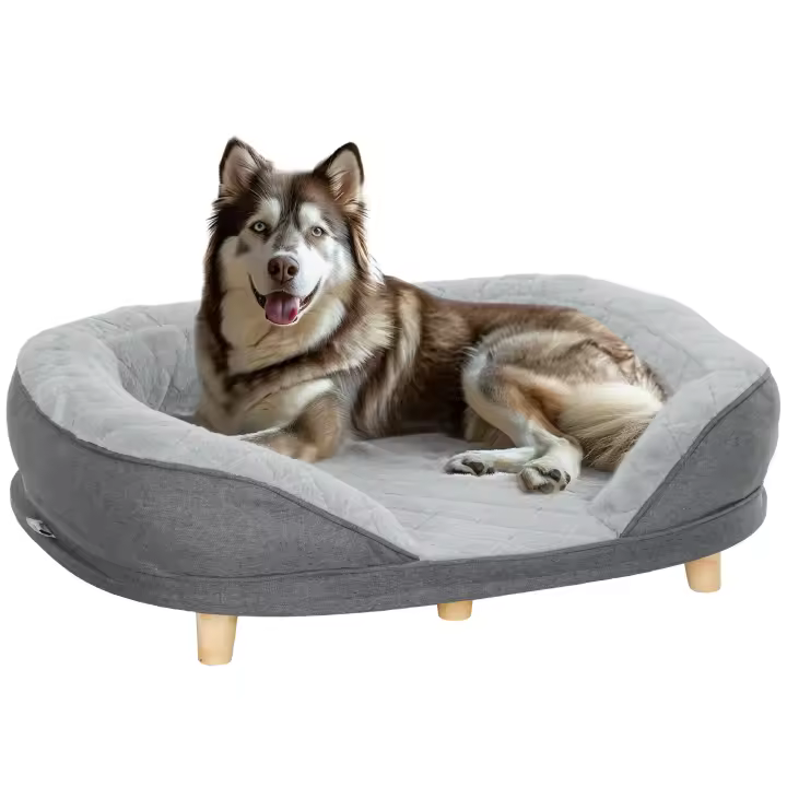 PawHut Sofá para Perros Medianos y Grandes Sofá para Mascotas con Parte Superior Desmontable Funda Lavable y Patas de Madera Carga 25 kg 90x78x25 cm Gris - 1