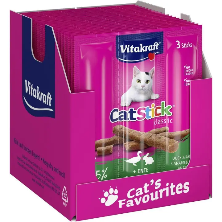 VITAKRAFT - Cat Stick Snack en Stick Para Gatos Sabor Salmón o Pato y Conejo Bajo en Calorías y Sin Azúcar (Pack 20x18g) - 1