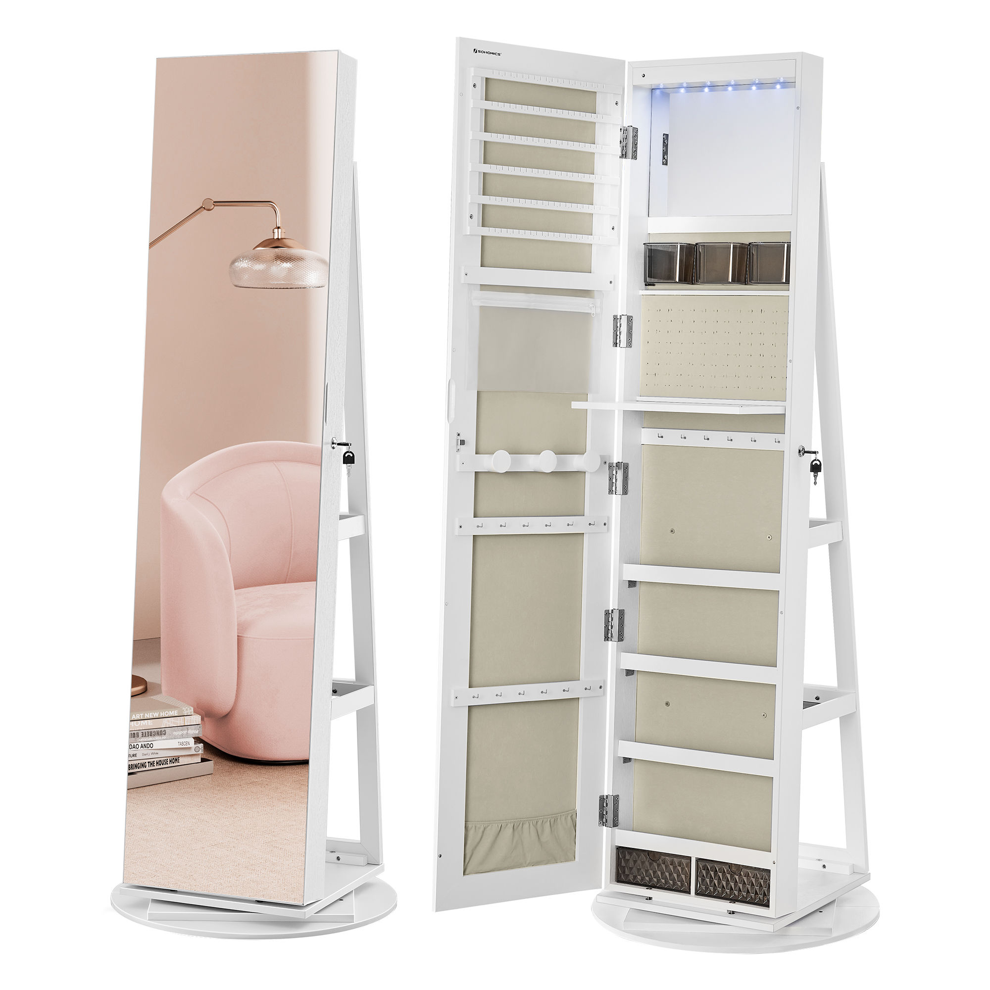 SONGMICS Espejo Joyero con 6 LEDs, Armario de Joyas de Giro de 360°, Organizador de Joyería Giratorio, sin Marco, Espejo Completo, 3 Estantes, Superficie Blanco, Forro Greige, Regalo de Navidad