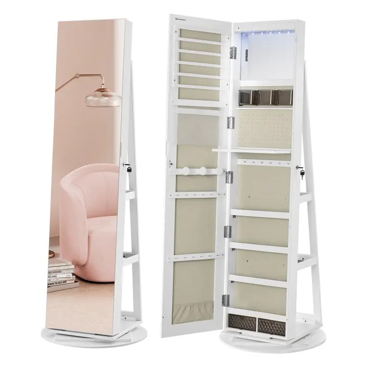 SONGMICS Espejo Joyero con 6 LEDs, Armario de Joyas de Giro de 360°, Organizador de Joyería Giratorio, sin Marco, Espejo Completo, 3 Estantes, Superficie Blanco, Forro Greige - 1