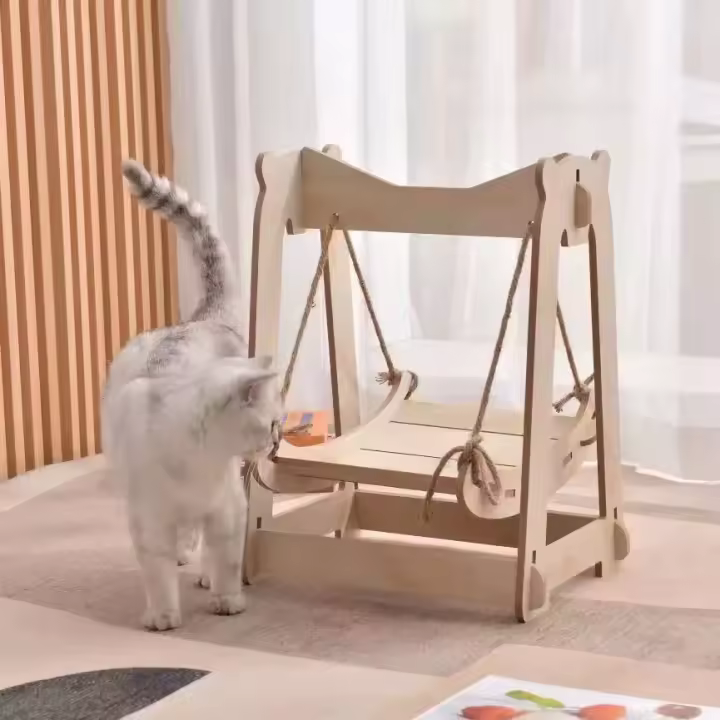 Columpio de Madera para Gatos, Diseño Elegante, Juguete Interactivo para Mascotas, Color Natural, 39*29*49.5CM - 1