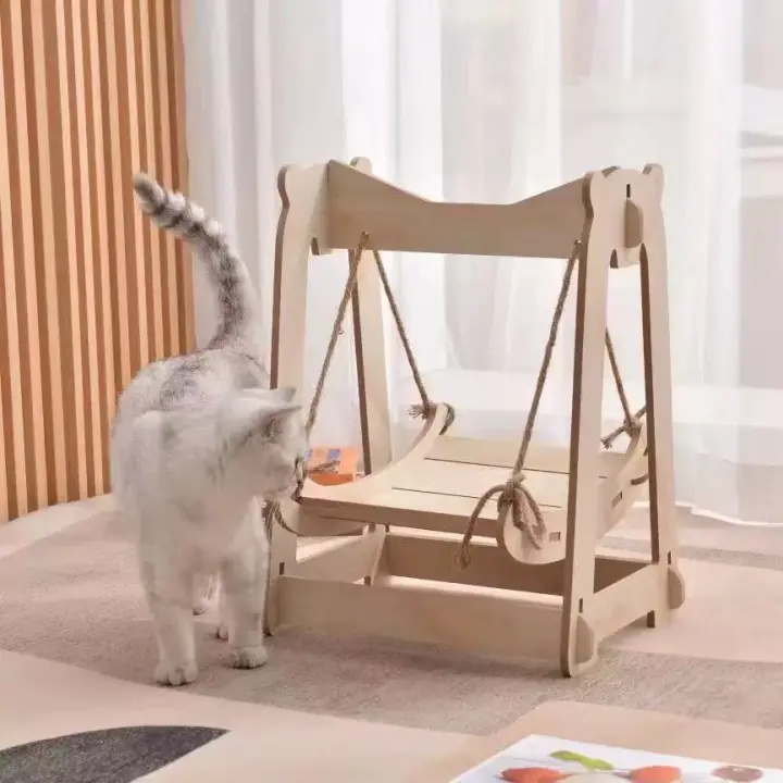 Columpio de Madera para Gatos, Diseño Elegante, Juguete Interactivo para Mascotas, Color Natural, 39*29*49.5CM - 1