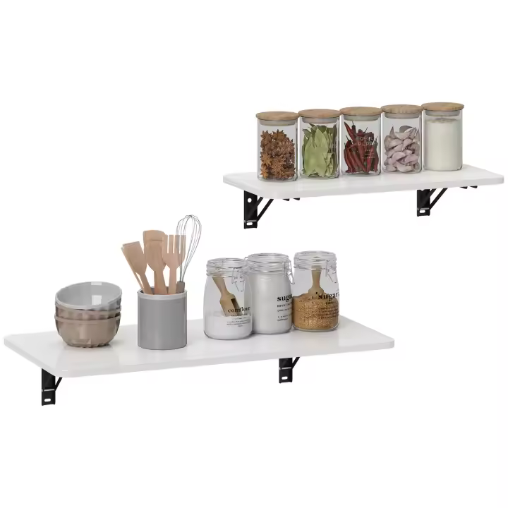 HOMCOM Juego de 2 Mesas Plegables de Pared Escritorios Flotantes para Espacios Pequeños Mesas Abatibles para Cocina Comedor Estudio Dormitorio y Salón Blanco Brillo - 1