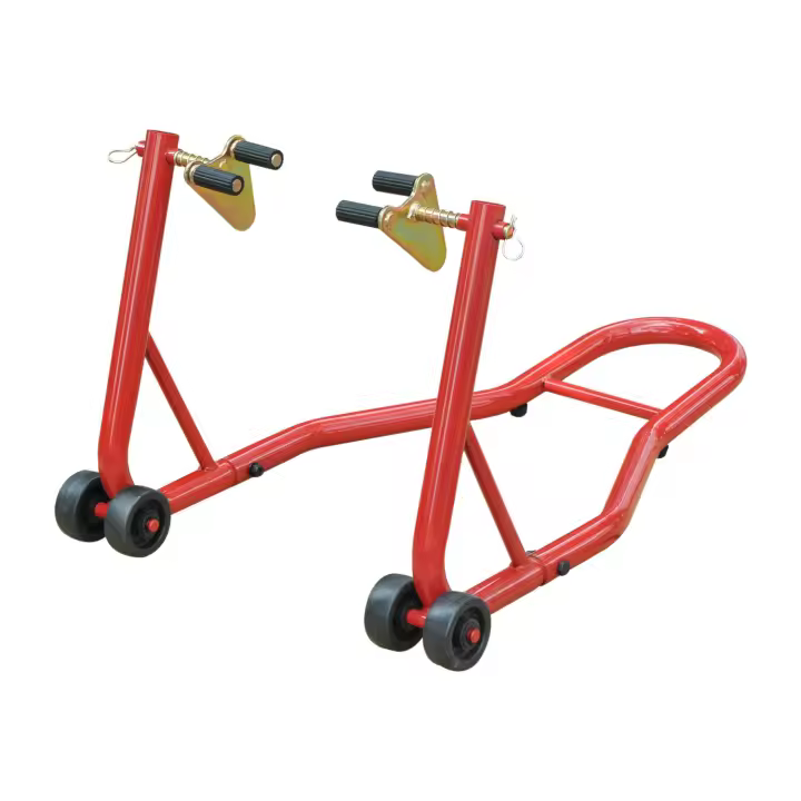 HOMCOM Caballete Elevador Universal tipo Soporte Delantero de Moto Portátil y Móvil con Ruedas para Reparar y Aparcar Color Rojo Material Acero 80x50x40cm - 1