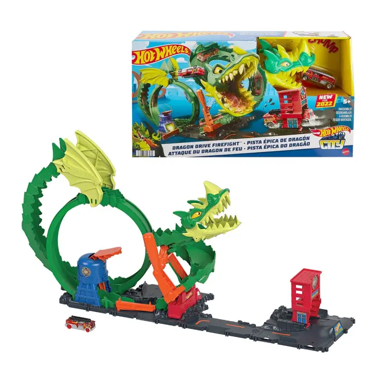 Hot Wheels City Dragón con camión de bomberos. pista para coches de juguete (Mattel HDP03) - 1