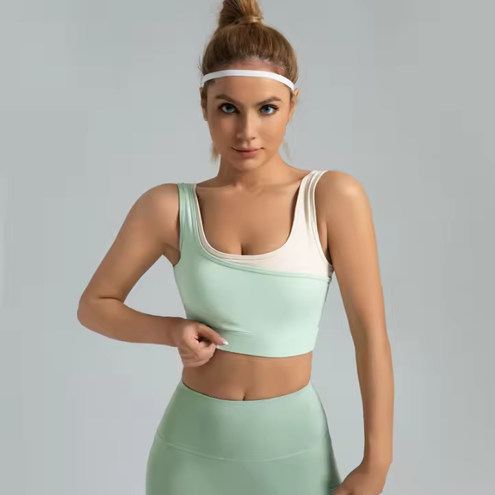 Sujetador deportivo de alta elasticidad con bloques de color, sujetador deportivo push-up fijo de una pieza de alta resistencia a prueba de golpes en forma de U - 1