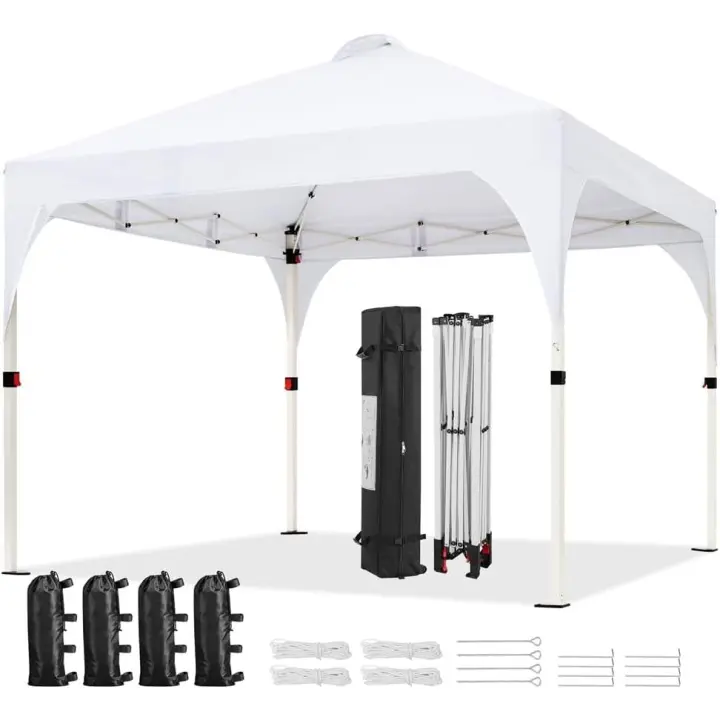 Carpa Plegable 3x3m Cenador de Jardín Impermeable para 8-10 Personas,con Ventilacion y Bolsa de Transporte, Ideal para Playa y Camping Blanco - 1