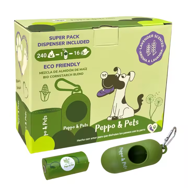 Peppo and Pets-Bolsas caca perro- Mezcla de almidón de maíz- Aroma a lavanda-Muy Resistentes- A prueba de fugas- Opacas - 1