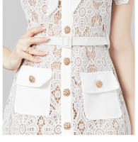 Vestido De Mujer Verano Corto Manga Tirantes Cuello Enrollado Blanco Lace-up Vestido De Oficina Lady Silueta Recta Midi Polyester - details 5