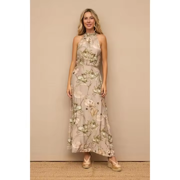 VESTIDO LARGO GRIS ESTAMPADO - Vestido Largo Gris, Estampado Flores, Abertura, Elegante, Cuello Halter, Rayón, Chinlon, Primavera Verano para Mujer - 1