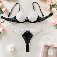 Lencería Sexy De Contraste Negro Y Blanco 2 Piezas Conjunto Transparente Con Bordado De Corazón Y Lazo Sujetador Y Tangas Para Mujer - details 13