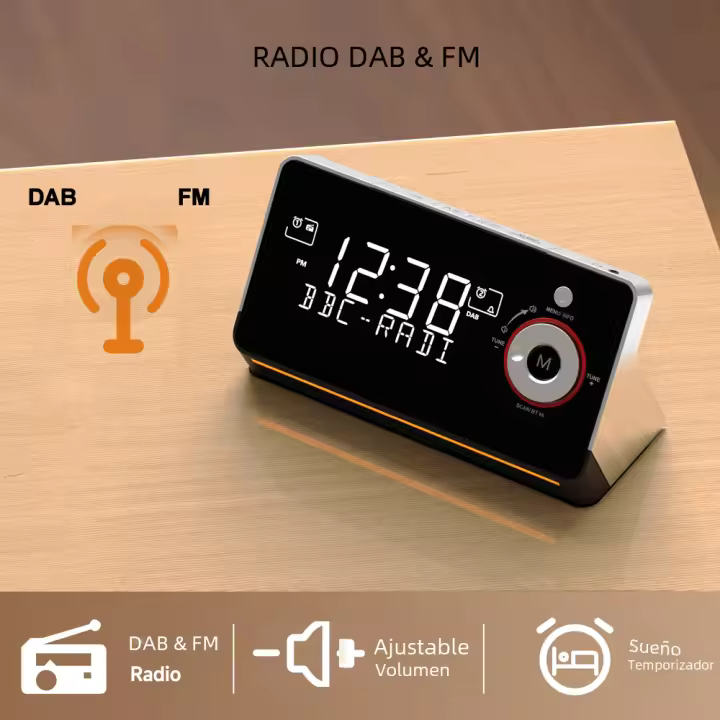 Reloj De Alarma De Lado Con Radio DAB Y FM Luz Nocturna LCD Dimmable Dual Snooze Bluetooth Tipo-C Y Carga USB Estilo Europeo - 1