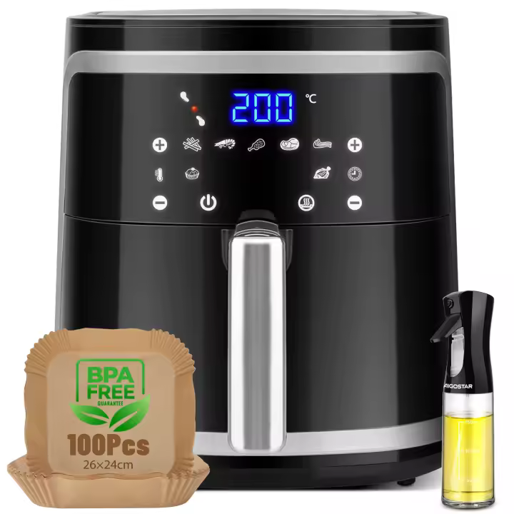 Combo Freidora de Aire 1900W 7L + 100 Hojas Papel para Freidora de Aire, 7 Funciones Preestablecidas, Panel LED Táctil, Pulverizador Aceite Spray, Recetario, BPA-Free, AIGOSTAR - 1