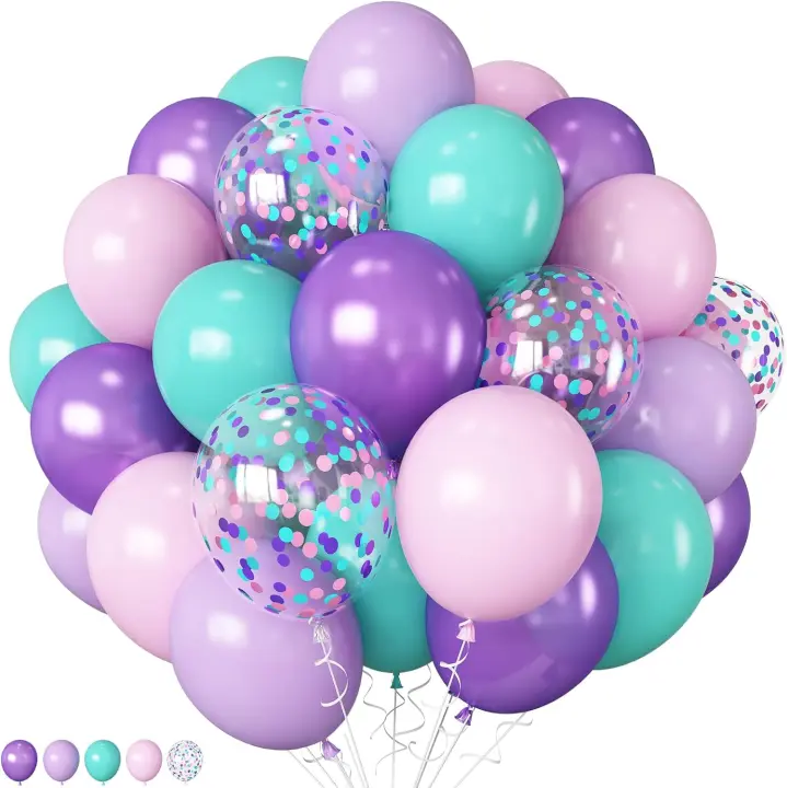Lot de 60 ballons sirène violets et verts de 30,5 cm - Turquoise, violet, rose, vert - Ballons de fête - Confettis en latex - Ballons à l'hélium pour fille, anniversaire, fête prénatale - 1