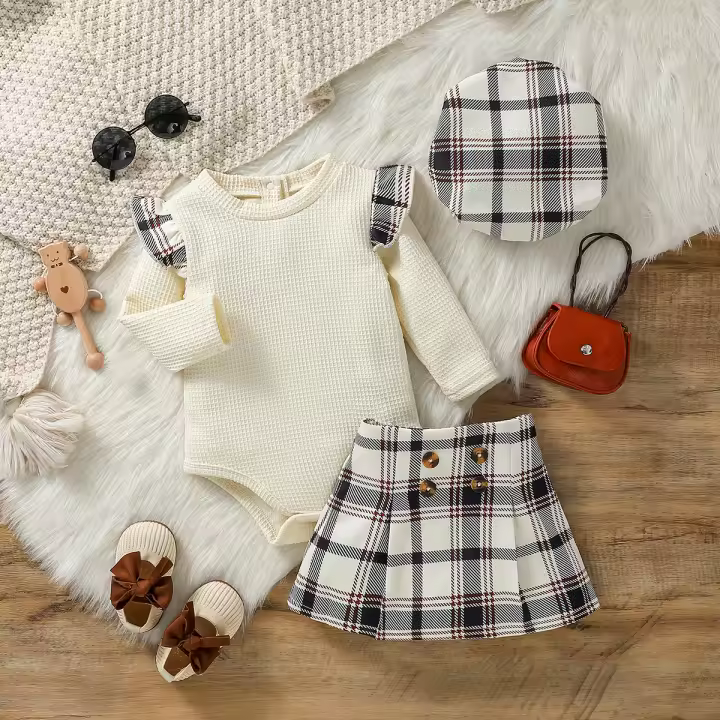 Conjunto De Otoño Para Bebé Niña Con Romper De Manga Larga Y Estampado De Cuadros Y Falda A-Linea Conjunto De Moda Para Calle + Gorro 3 Piezas - 1