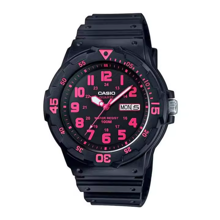 CASIO MRW-200H-4C Reloj de Pulsera Analógico para hombre correa cuacho negro con detalles rosas MRW200H4C - 1