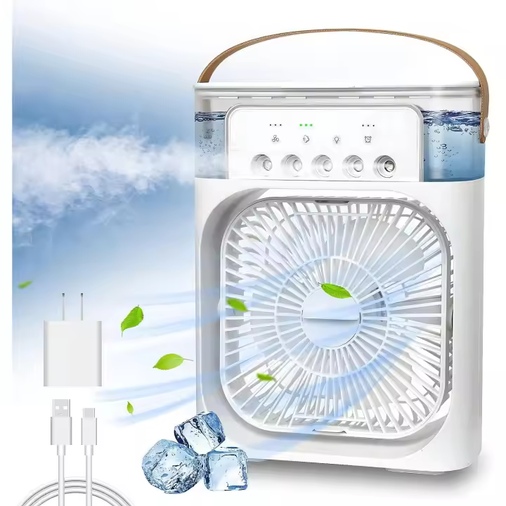 Ventilador de aire acondicionado portátil, mini enfriador de aire evaporativo con luces LED de 7 colores, temporizador de 1/2/3 H, 3 velocidades de ventilador y 3 modos de pulverización para su escritorio, mesita de noche o mesa de café - 1