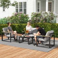 Outsunny Conjunto de Jardín Exterior de 4 Piezas Muebles Jardín Exterior con 2 Sillones y 1 Sofá de 2 Plazas con Cojines y Mesa de Centro con Tablero de Vidrio Templado Gris y Negro - details 1