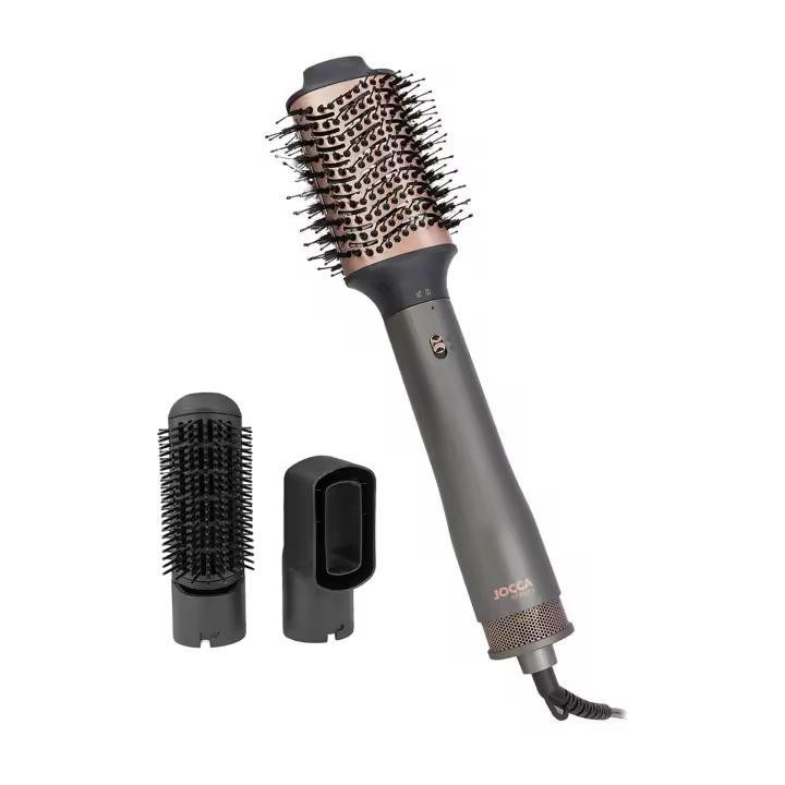 Cepillo Secador 3 en 1 Jocca: Secador, Rizador, Plancha y Voluminizador en una herramienta, 3 temperaturas, 2 velocidades, 3 cabezales intercambiables, revestimiento cerámico, cable giratorio 360°, estuche premium imantado, 1000 - 1200W - 1