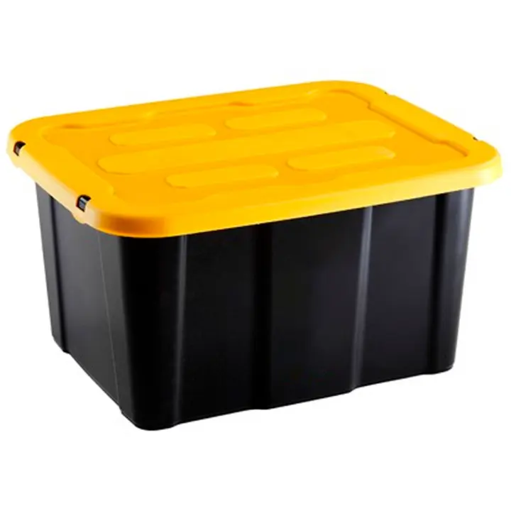 Tradineur - Caja de almacenaje apilable con tapa, plástico, cajón multiusos, ordenación, herramientas, hogar, fabricada en España (Amarillo y negro - 17 litros - 39,5 x 31,5 x 22 cm) - 1