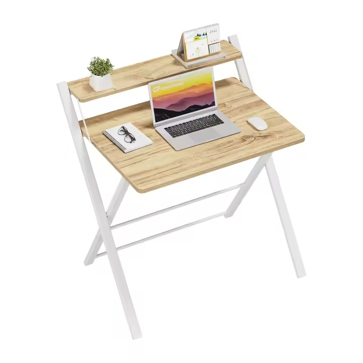 Escritorio Plegable con Estante del Monitor,Escritorio de Oficina deTamaño Pequeño sin Montaje,Escritorio Pequeño para Espacio Pequeño, Beige - 1