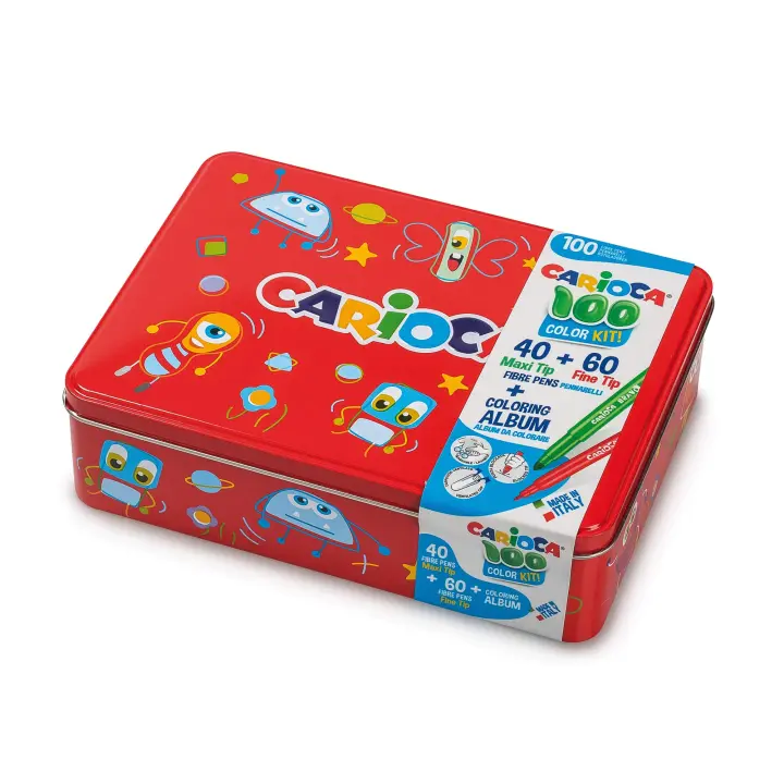 Carioca Color Box | 100 Rotuladores Super Lavables | Caja de Metal Rojo | Punta Fina y Punta Maxi | Álbum para Colorear - 1