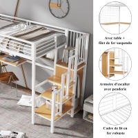 Cama de Hierro, Litera, Cama Elevada, Adecuada para niños y adolescentes, Con Mesa y Armaro, Escalera lateral with barandilla, Hierro aglomerado, 90x200cm - details 5