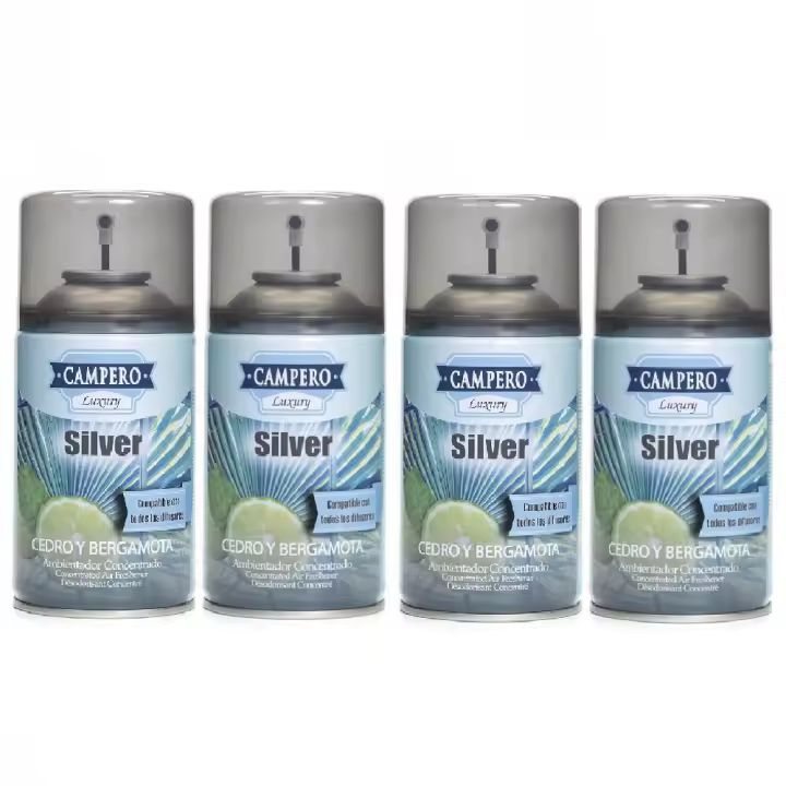 CAMPERO Tronic Luxury, Ambientador Silver Cedro y Bergamota En Aerosol 250ml, Pack 4 Recambios, Dosificador Automático, Apto Para Todos Los Difusores Del Mercado, Aroma Intenso y Duradero - 1
