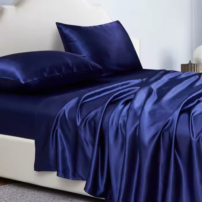 Juego de cama de satén de 4 piezas de color liso, sábana ajustable de 135 x 190 x 36 cm de bolsillo profundo con sábana encimera y 2 fundas de almohada, azul Ma - 1