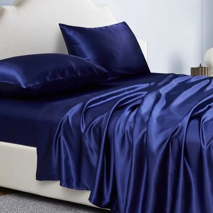 Juego de cama de satén de 4 piezas de color liso, sábana ajustable de 135 x 190 x 36 cm de bolsillo profundo con sábana encimera y 2 fundas de almohada, azul Ma - 1