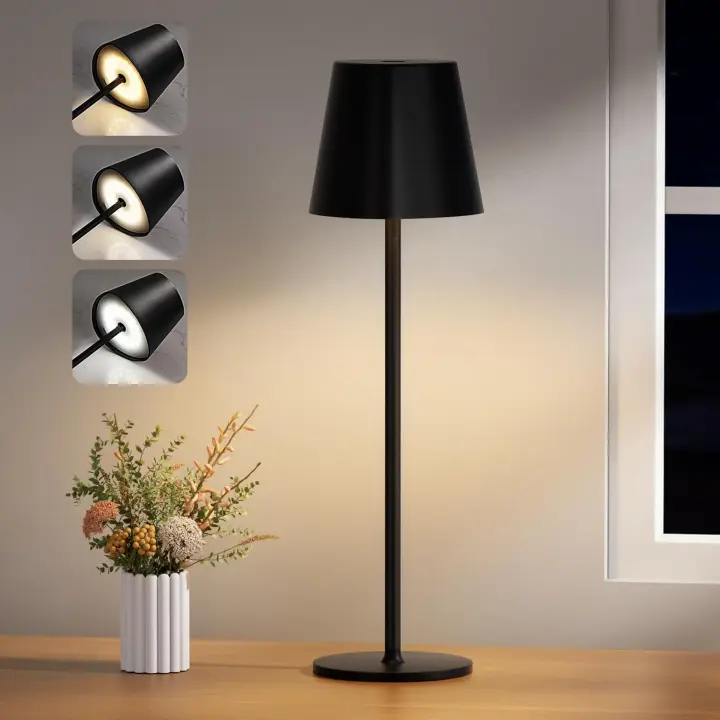 Lámpara de escritorio inalámbrica, lámpara de escritorio regulable, LED de batería con 3 temperaturas de color, regulable continua, tira de luz táctil recargable USB-C para mesita de noche al aire libre, mesa de camping (negro) - 1