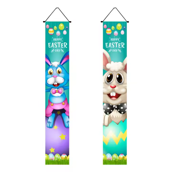 Carteles de Decoración para el Día de Pascua 4 Pares Banderas Colgantes de Feliz Pascua Decoración de Puerta de Huevos de Pascua para el Hogar Material de Tela de Poliéster Fabricado en China - 1