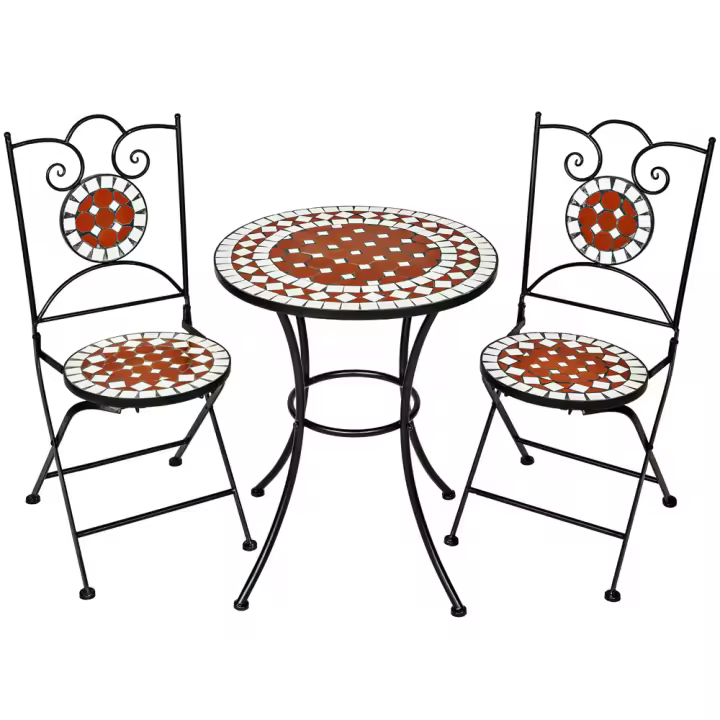Tectake - Conjunto de mesa Ø 60 cm + 2 sillas mosaico  Mesa con mosaico de cerámica de diseño artístico  Sillas plegables y fáciles de guardar  Estructura de metal revestido en polvo - 1