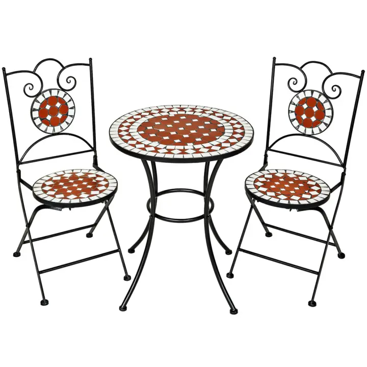 Tectake - Conjunto de mesa Ø 60 cm + 2 sillas mosaico  Mesa con mosaico de cerámica de diseño artístico  Sillas plegables y fáciles de guardar  Estructura de metal revestido en polvo - 1
