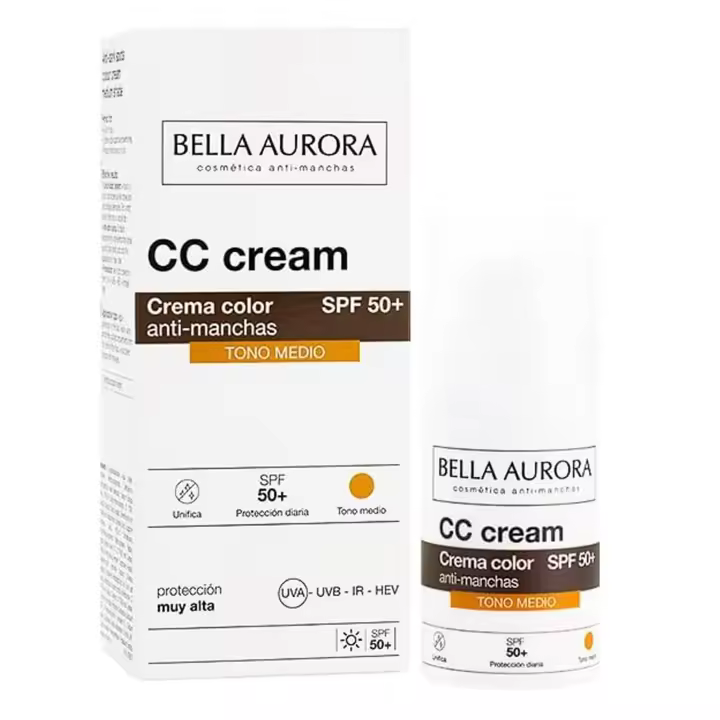 BELLA AURORA - CC Cream Antimanchas Tono Medio SPF50+ 30 ml, Protector Solar Antimanchas, Crema Color Antimanchas, para Cualquier Tipo de Piel, Crema Solar Facial de Color Medio - 1