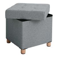 Taburete reposapiés cuadrado con almacenamiento y tapizado capitoné, patas de madera maciza, asiento acolchado de espuma, disponible en gris oscuro, gris claro y azul marino - details 5