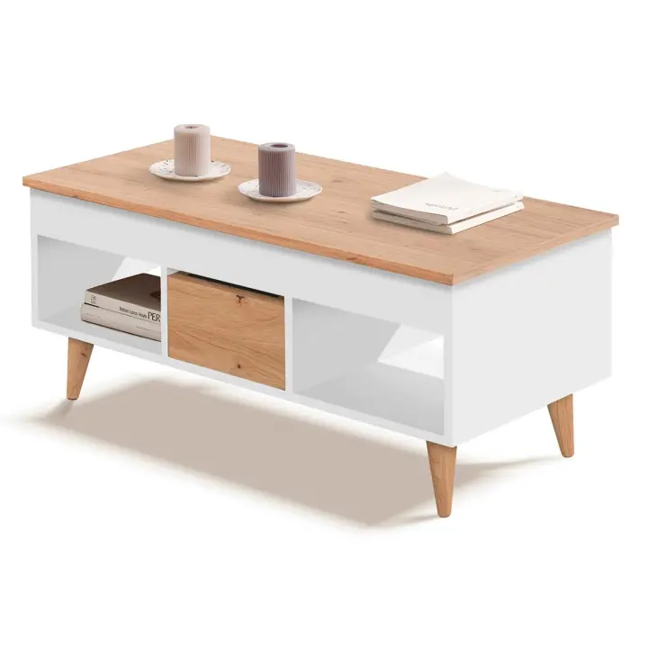 Mesa Centro Elevable con Cajón Deslizante y huecos de almacenaje, Color Blanco y Madera. Medidas: 100cm x 50cm x 47cm. - 1