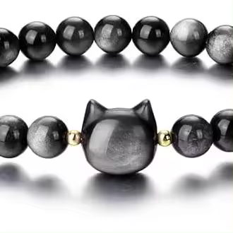 Pulsera de obsidiana de gato, pulsera elástica de cuentas de piedra de gato, protección y cuidado de cristales, joyería de buena suerte tanto para hombres como para mujeres. - 1