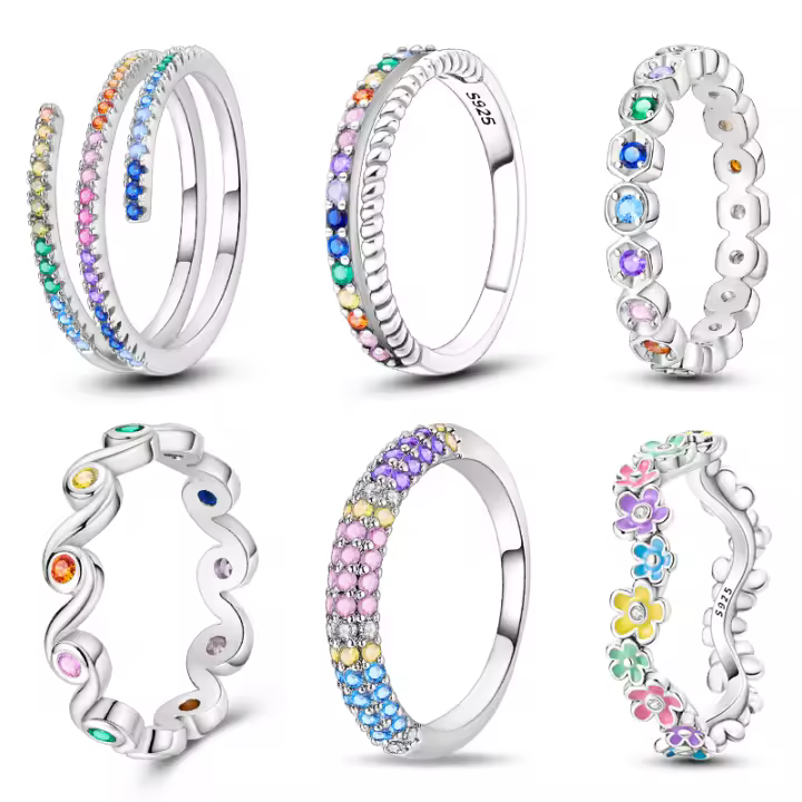 Anillo De Plata 925 De Lujo Para Mujer Con Piedra CZ Colorida Y Flor Sello De Afortunado Anillo De Compromiso Y Boda Regalo - 1