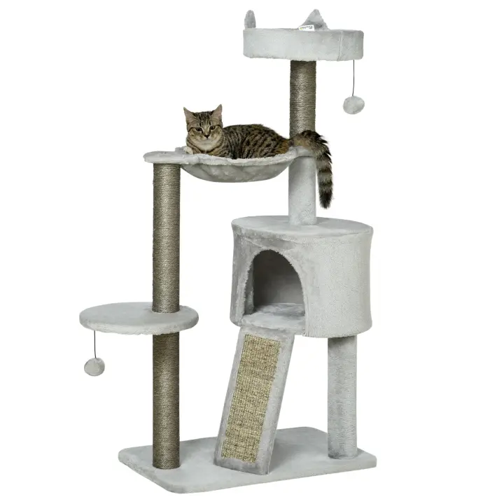 PawHut Rascador para gatos de 113 cm, con cueva para gatos, columna de sisal, rascador para gatos, árbol de juego con rampa y hamaca, juguete para gatos, gris claro - 1