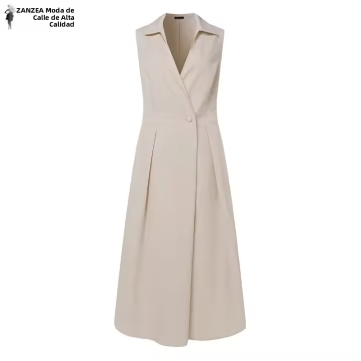 Vestido Midi Elegante ZANZEA Para Mujer Verano Cuello En V Cintura Ajustada Plisado A-Line Vestidos Sólidos Sin Mangas - 1