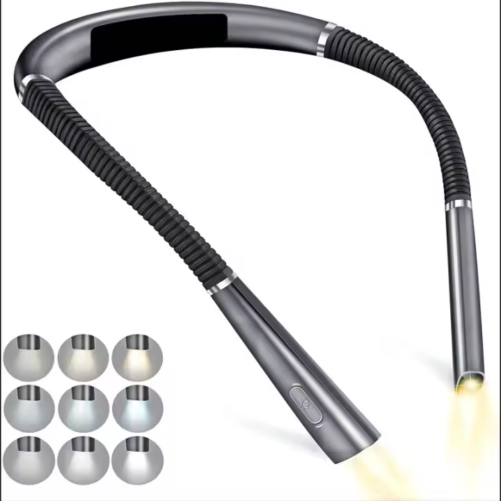 Lámpara de lectura LED para el cuello, 3 colores, 6 niveles de brillo, brazos flexibles, [Clase energética A], gris - 1