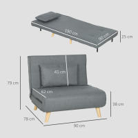 HOMCOM Sofá Cama de 1 Plaza 3 en 1, Sillón Cama Plegable Tapizado en Lino Sintético, con Respaldo Ajustable en 6 Niveles, Almohada, Asiento Ancho, Patas de Madera, 90x78x79 cm, Gris - details 2