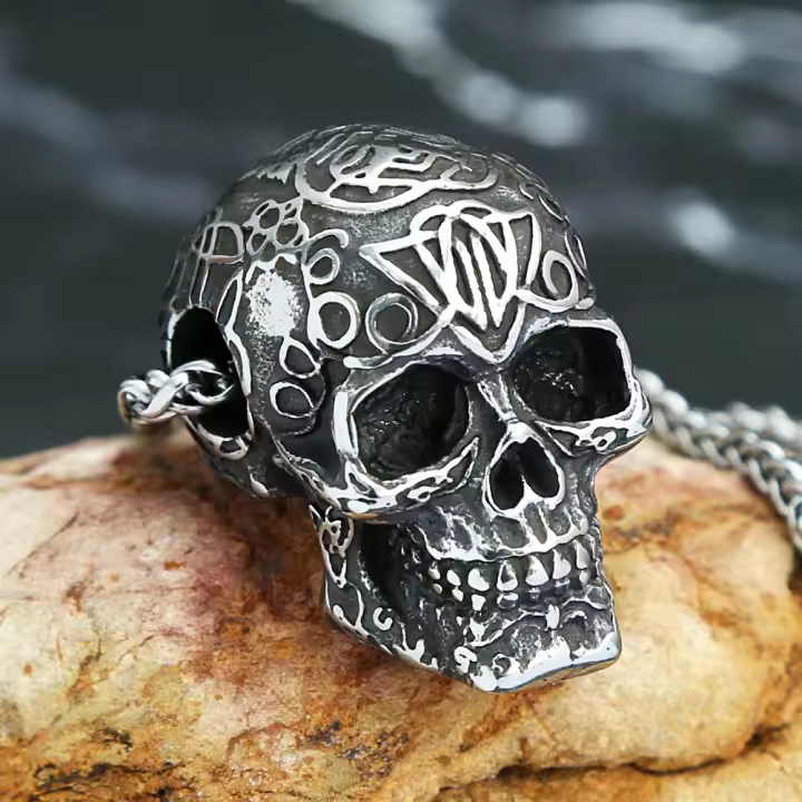 Collar De Esqueleto Punk Gótico Retro Para Hombres Acero Inoxidable Pendiente De Calavera Motociclista Joyería De Amuleto Regalo - 1