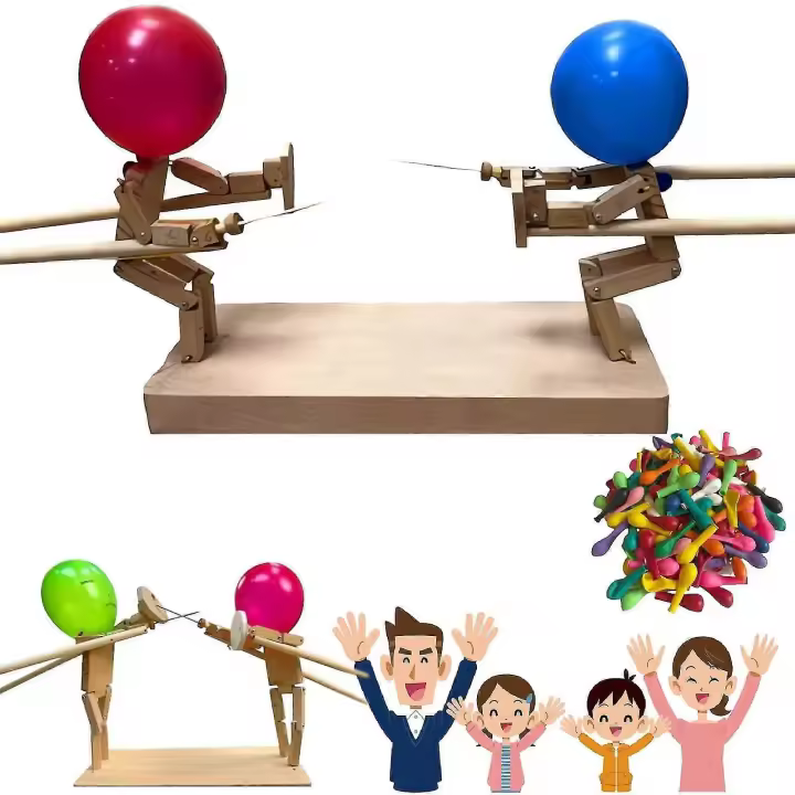 Globo de bambú hombre batalla hecho a mano woodbots madera esgrima marionetas madera bots batalla juego para 2 jugadores con 20 globos - 1