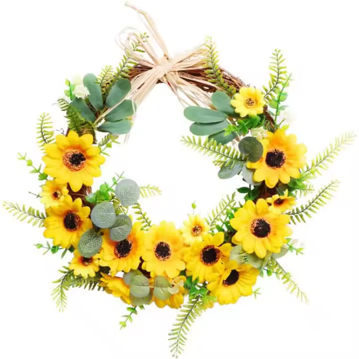 Corona de girasol artificial de 40 cm, corona de flores artificiales de primavera y verano con girasol amarillo y hojas verdes para decoración de pared - 1