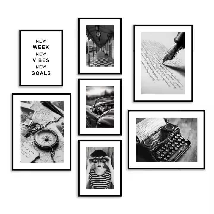 Conjunto de 7 láminas decorativas para el hogar con diseños vintage - Arte de pared elegante en blanco y negro - Láminas para decoración del hogar - Láminas de viajes - 1