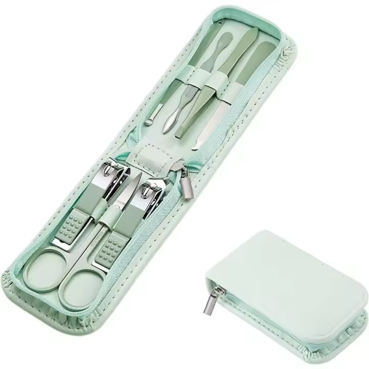 Juego de manicura y pedicura, cortaúñas, 7 piezas, kit de viaje de acero inoxidable, color verde - 1