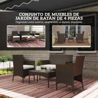 Outsunny Conjunto Jardín Exterior de Ratán con Cojines Conjunto Terraza Resistente a la Intemperie Muebles Jardín Exterior con 2 Sillones Sofá de 2 Plazas Mesa con Cristal Marrón - details 3